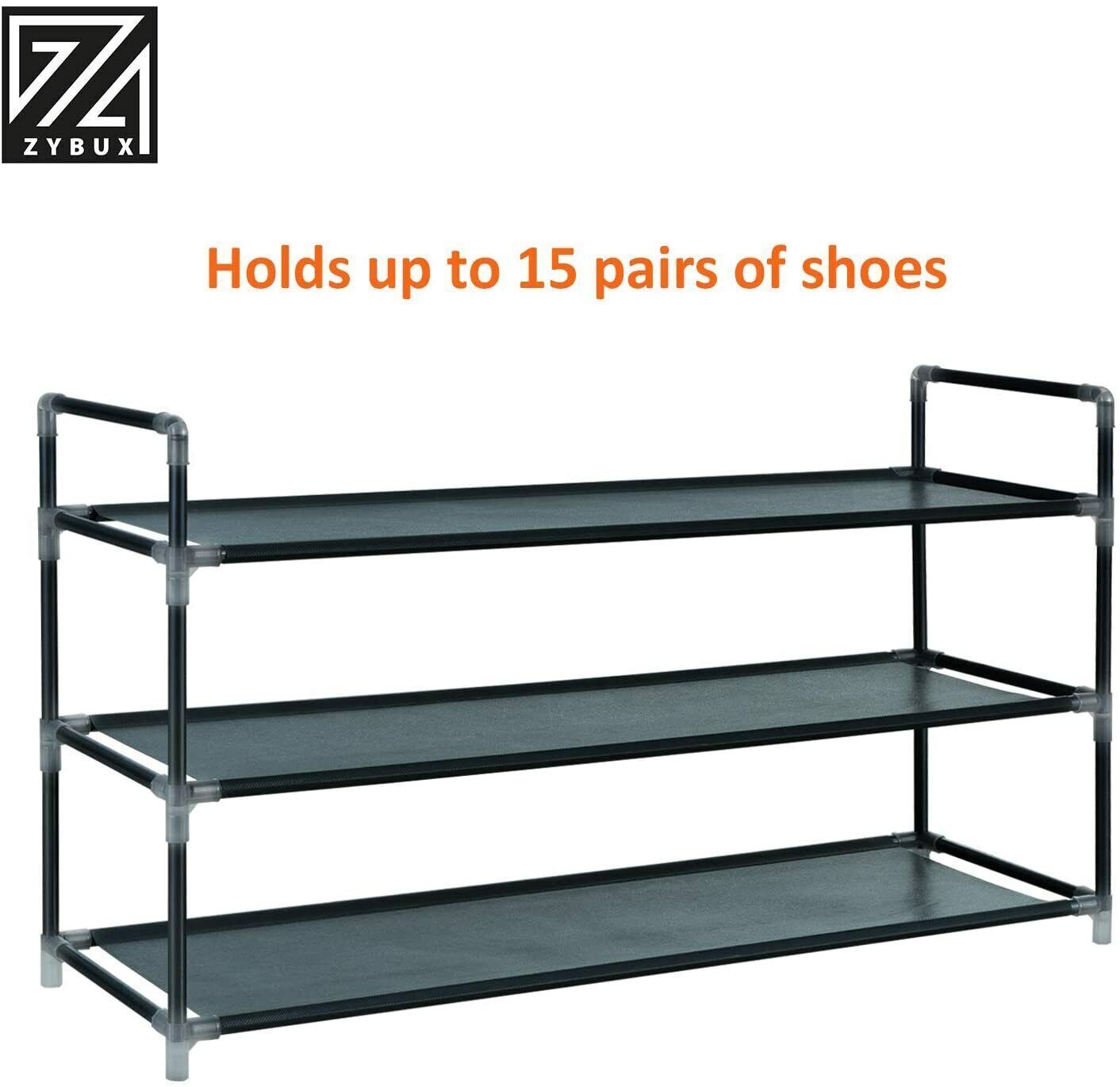 Long 3 Tier Fabric Organiser Shoe Shelf Rack Space Saving Stand Storage Compact - ZYBUX