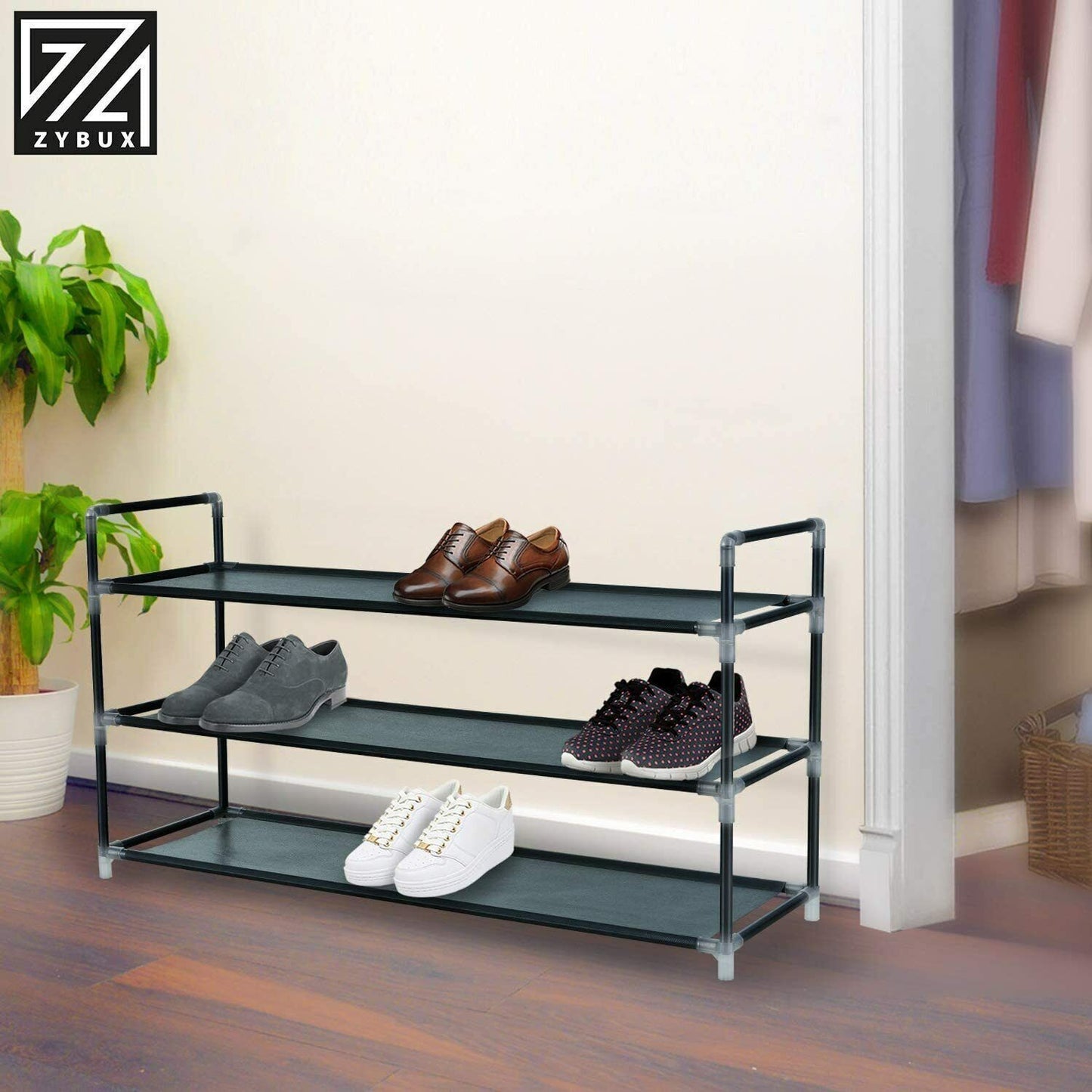 Long 3 Tier Fabric Organiser Shoe Shelf Rack Space Saving Stand Storage Compact - ZYBUX