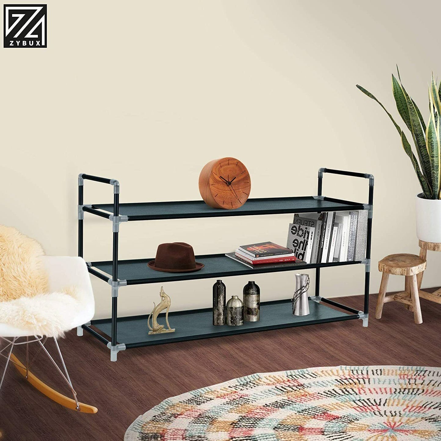 Long 3 Tier Fabric Organiser Shoe Shelf Rack Space Saving Stand Storage Compact - ZYBUX