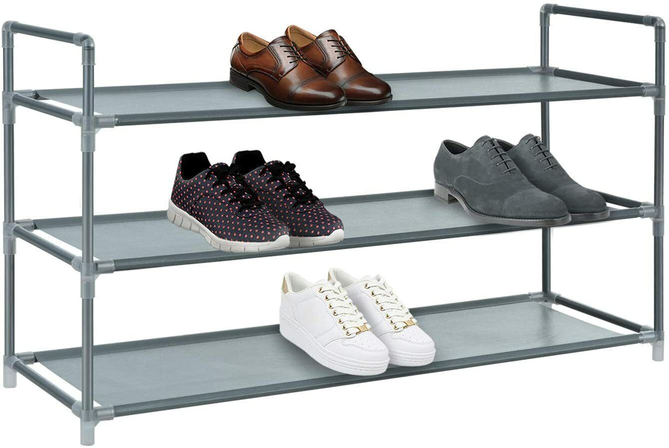 Long 3 Tier Fabric Organiser Shoe Shelf Rack Space Saving Stand Storage Compact - ZYBUX