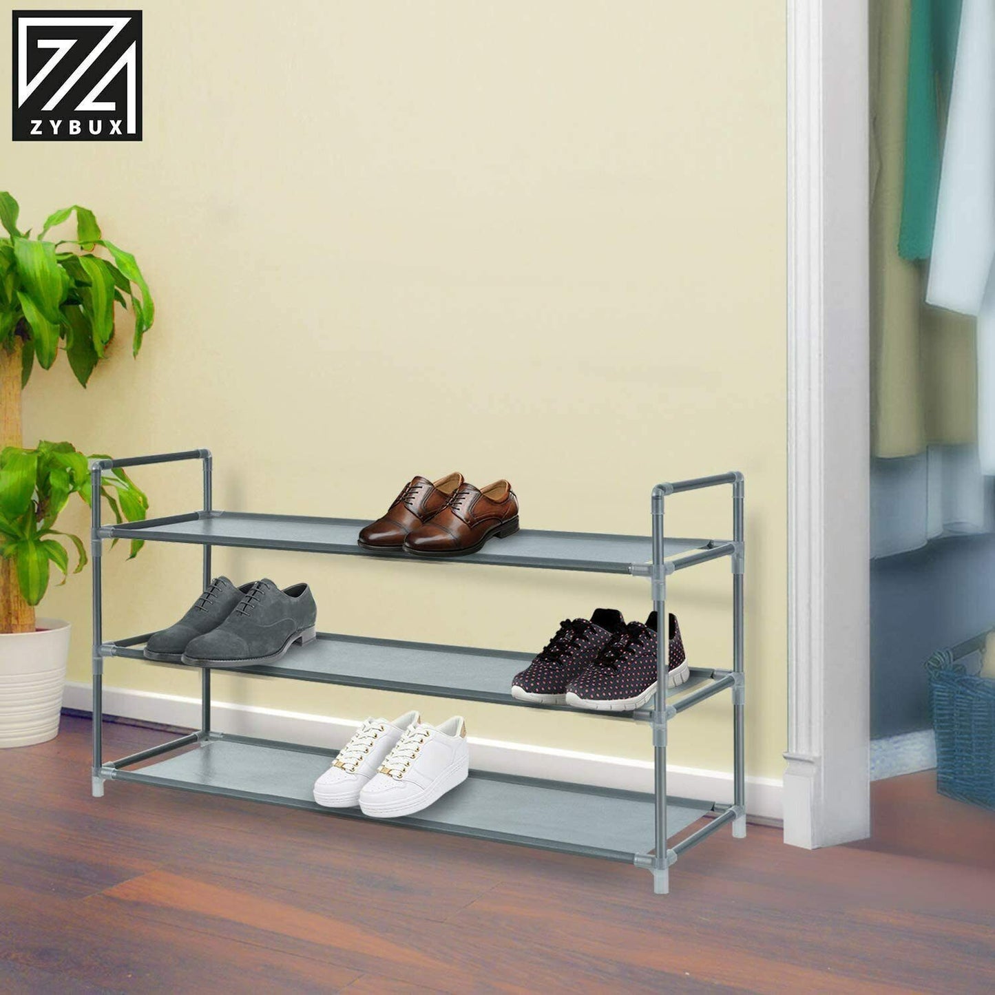 Long 3 Tier Fabric Organiser Shoe Shelf Rack Space Saving Stand Storage Compact - ZYBUX
