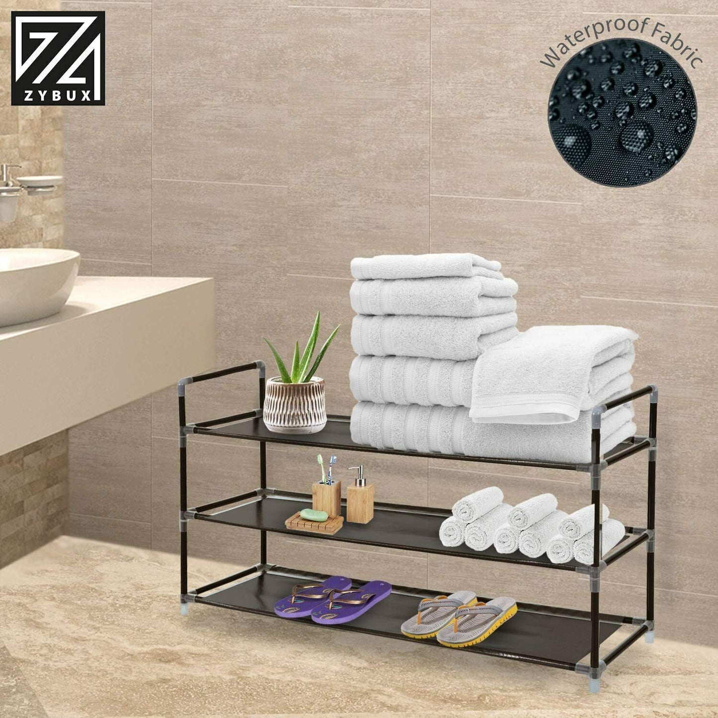 Long 3 Tier Fabric Organiser Shoe Shelf Rack Space Saving Stand Storage Compact - ZYBUX
