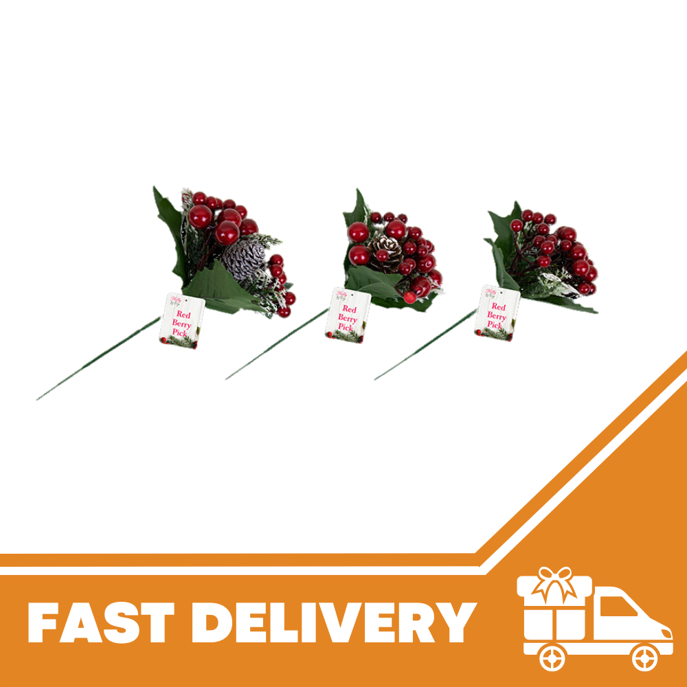 3x Red Berry Stems Flower Decoration Christmas