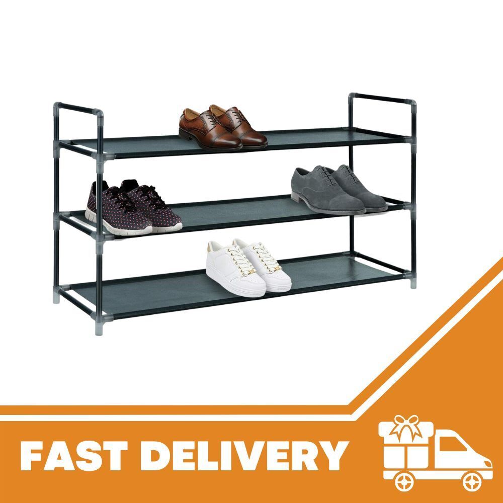 Long 3 Tier Fabric Organiser Shoe Shelf Rack Space Saving Stand Storage Compact - ZYBUX