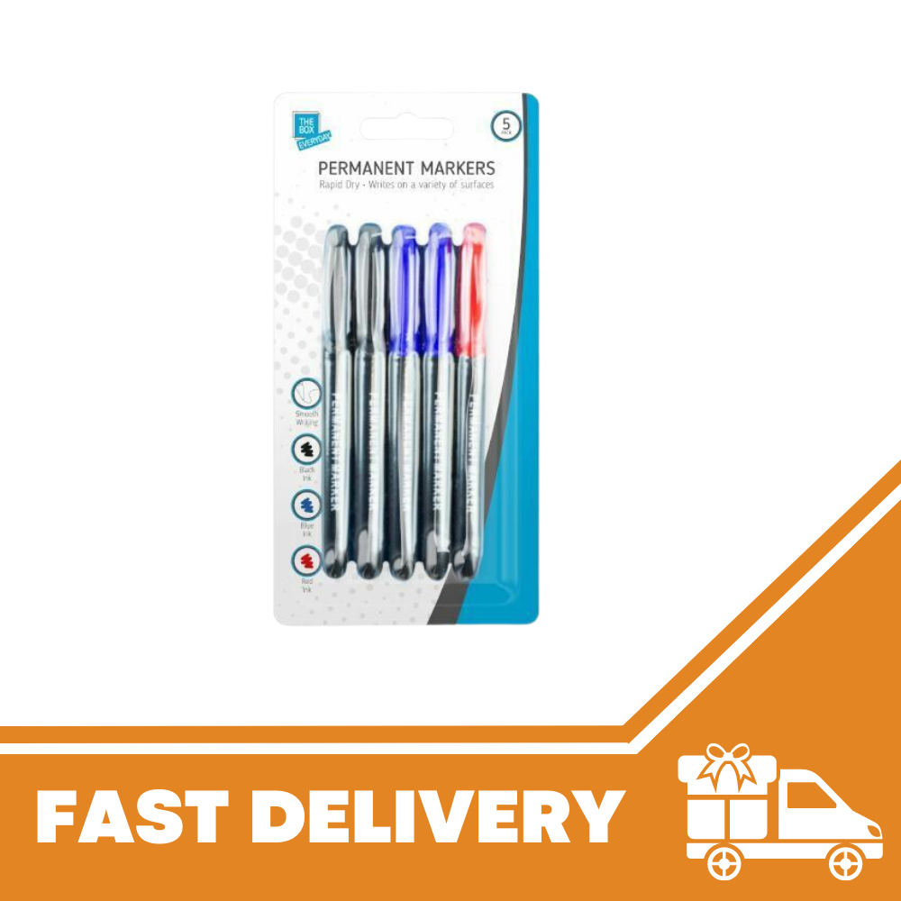 5 Pack Permanent Marker Pens Multi Assorted Colour Fast Drying New Tip Point