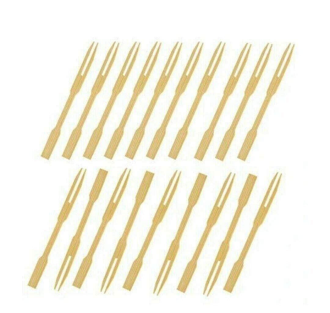 50x Bamboo Cocktail Picks Two Tined Fruit Forks 9cm