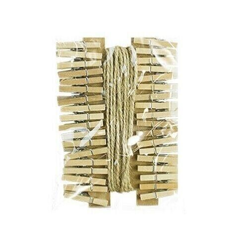 36x Mini Wooden Pegs Jute String Clips Christmas Card Hanging Wedding Photo Clip - ZYBUX