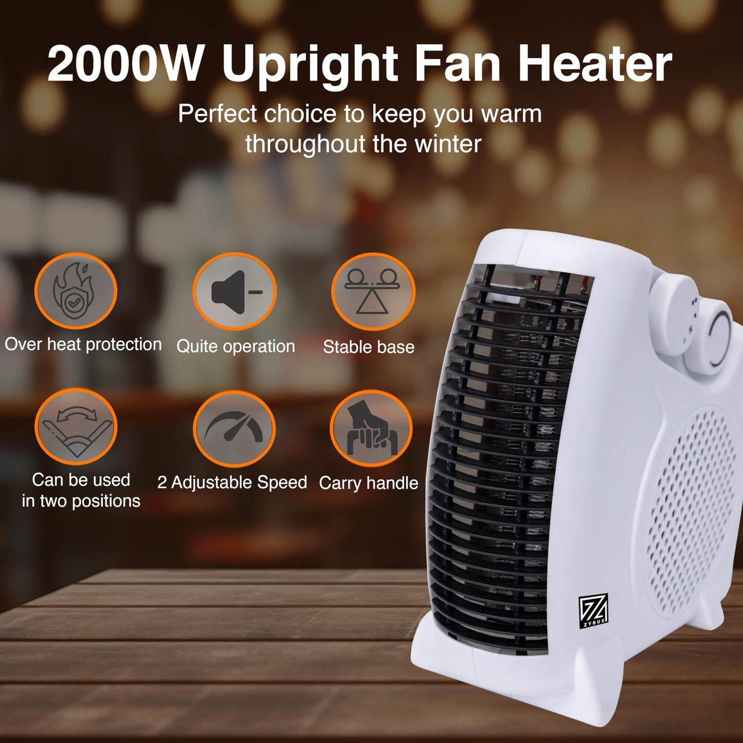 ZYBUX - 2000W Fan Heater with 2 Heat settings & Cool Function – Upright Electric Quiet Space Heater for Home with Variable Thermostat | Perfect Electric Room Heater (UPRIGHT FAN HEATER)