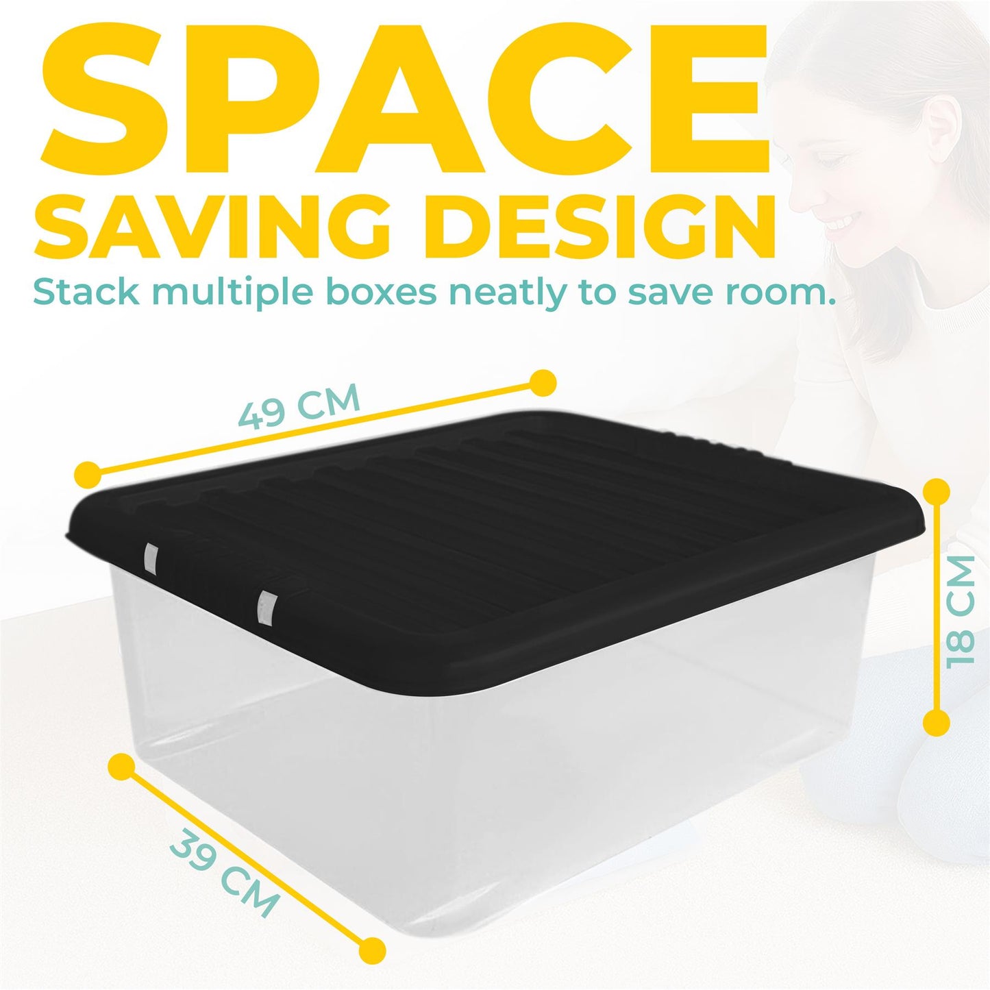 Underbed Plastic Storage Boxes with Lids – Clear & Black – 30L, 32L | Stackable Plastic Containers for Clothes, Shoes & Bedding | Space-Saving, Durable, BPA Free Storage Bins