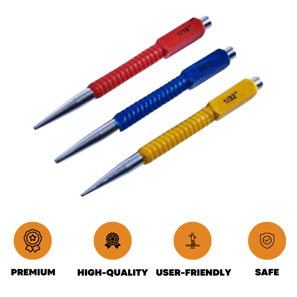 3Pcs Colour Coded Nail Punch Tool Set Carbon Steel Body Hide Pins 1/32 1/16 3/32 - ZYBUX