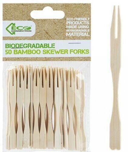 50x Bamboo Cocktail Picks Two Tined Fruit Forks 9cm