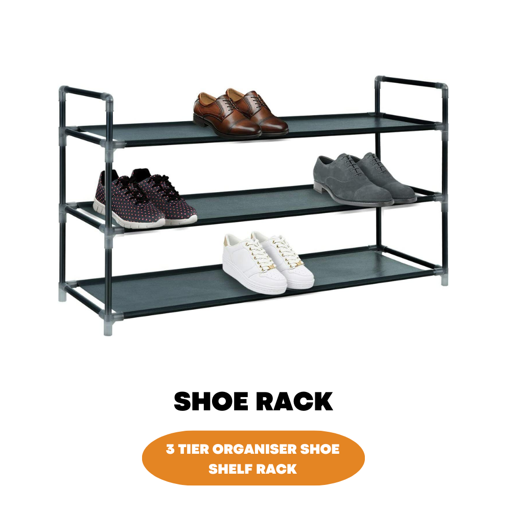 Long 3 Tier Fabric Organiser Shoe Shelf Rack Space Saving Stand Storage Compact - ZYBUX