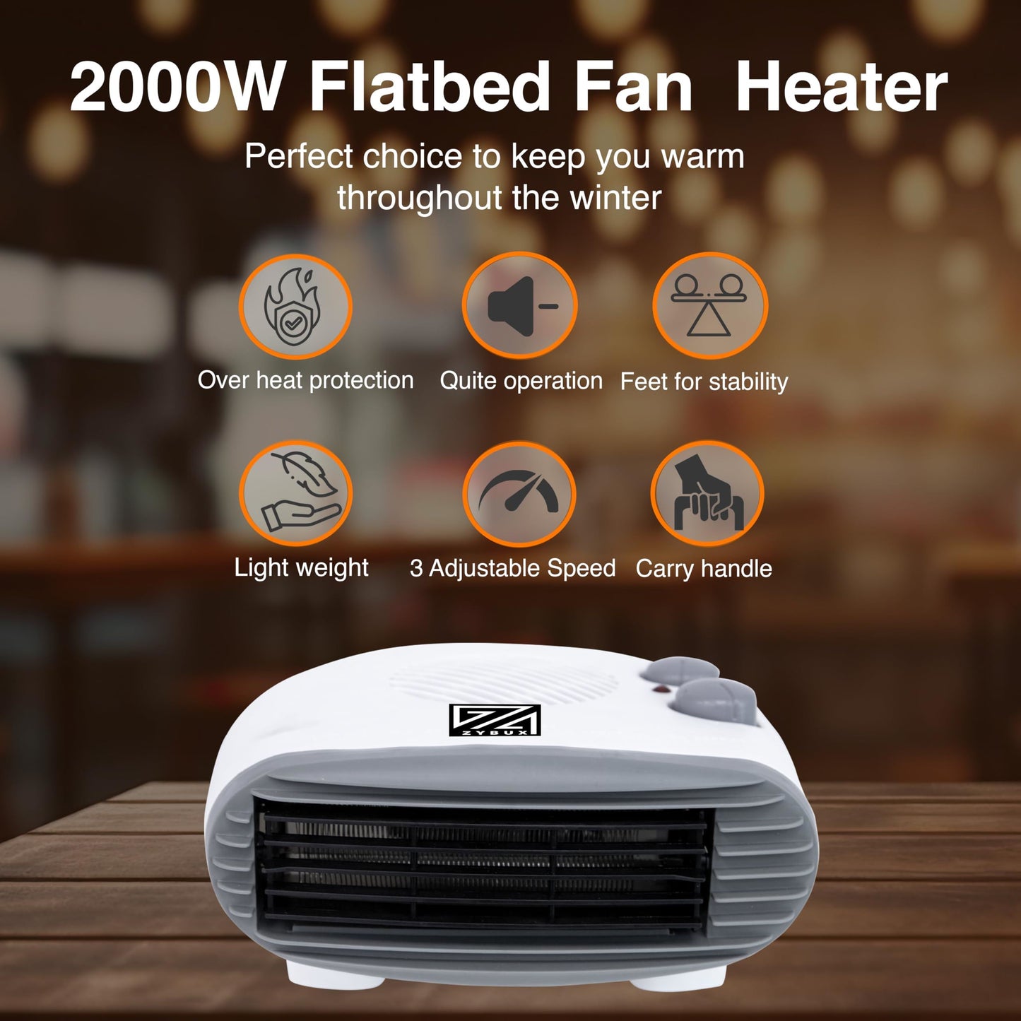 ZYBUX - 2000W Fan Heater with 2 Heat settings & Cool Function – Flat Bed Electric Quiet Space Heater for Home with Variable Thermostat | Perfect Electric Room Heater (FLATBED FAN HEATER)