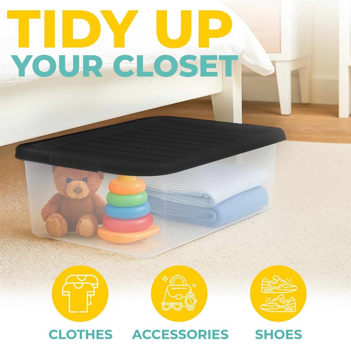 Underbed Plastic Storage Boxes with Lids – Clear & Black – 30L, 32L | Stackable Plastic Containers for Clothes, Shoes & Bedding | Space-Saving, Durable, BPA Free Storage Bins