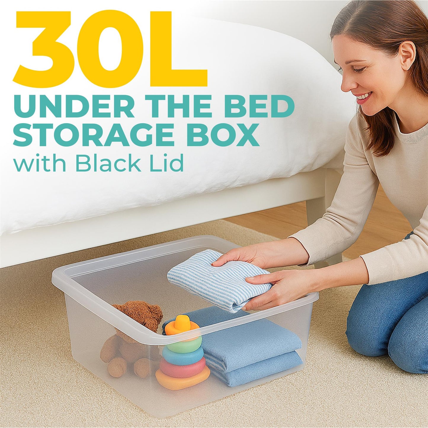 Underbed Plastic Storage Boxes with Lids – Clear & Black – 30L, 32L | Stackable Plastic Containers for Clothes, Shoes & Bedding | Space-Saving, Durable, BPA Free Storage Bins