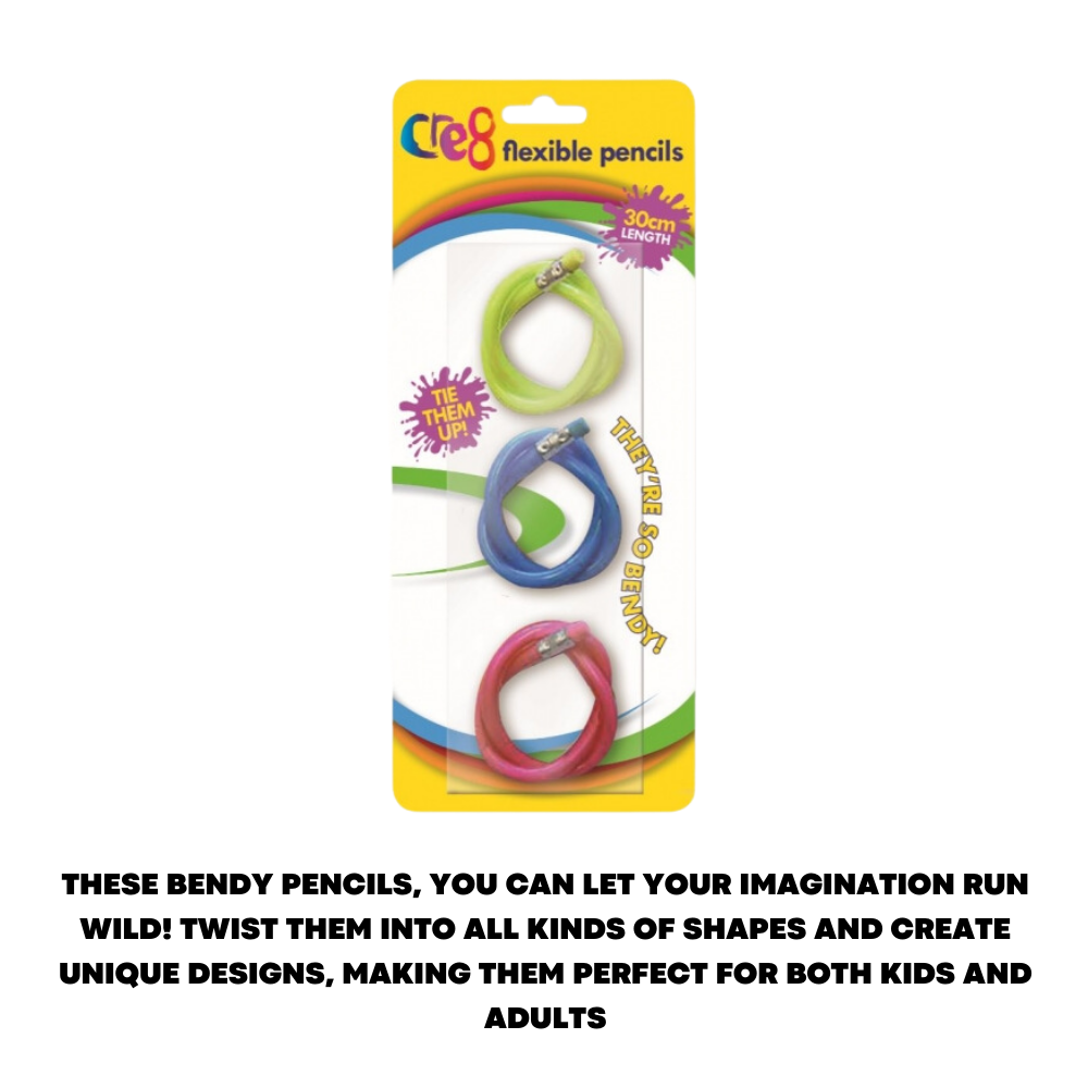 3 x Flexible Bendy Pencils Colours Erasers Soft Magic Bend Kids Children School - ZYBUX