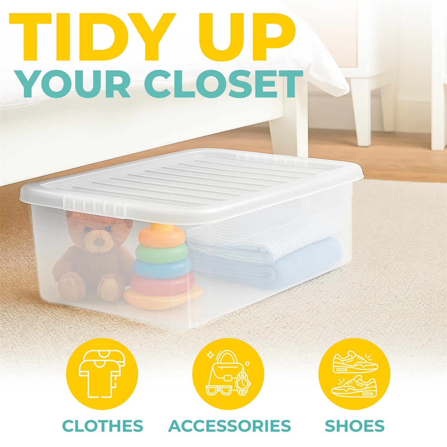 Underbed Plastic Storage Boxes with Lids – Clear & Black – 30L, 32L | Stackable Plastic Containers for Clothes, Shoes & Bedding | Space-Saving, Durable, BPA Free Storage Bins