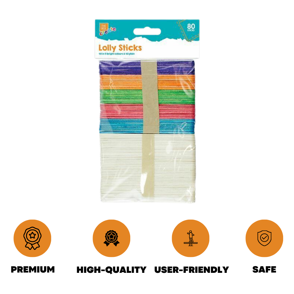80 Pack Ice Lolly Lollipop Sticks Coloured Lollies Natural Wooden Craft 120x10mm - ZYBUX