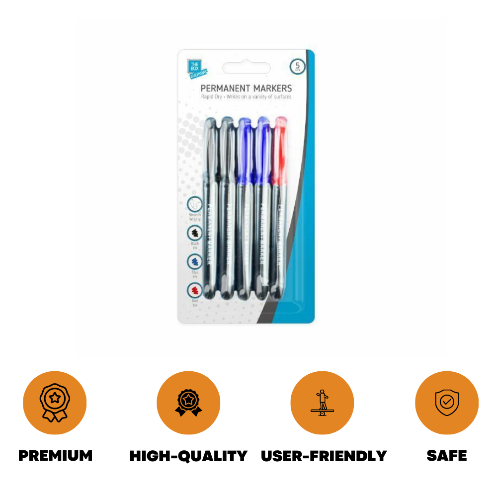 5 Pack Permanent Marker Pens Multi Assorted Colour Fast Drying New Tip Point