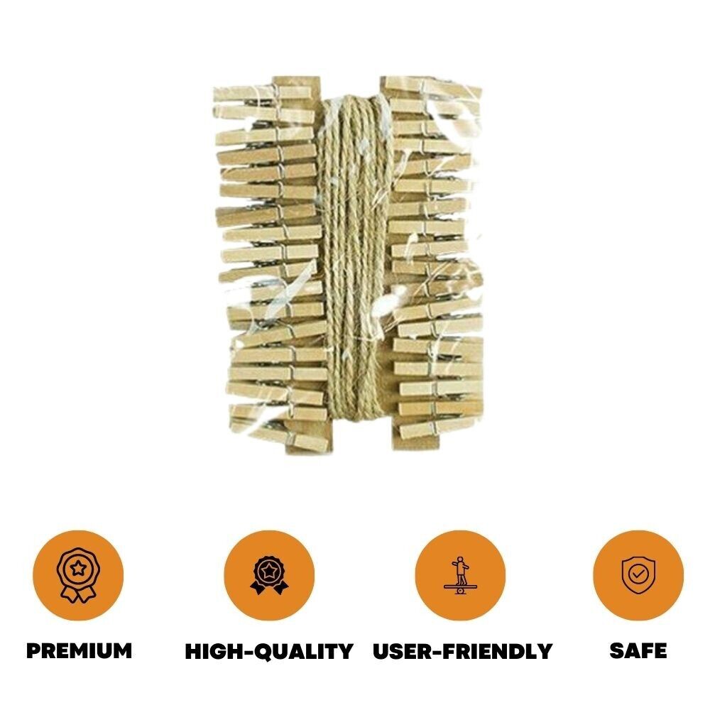 36x Mini Wooden Pegs Jute String Clips Christmas Card Hanging Wedding Photo Clip - ZYBUX