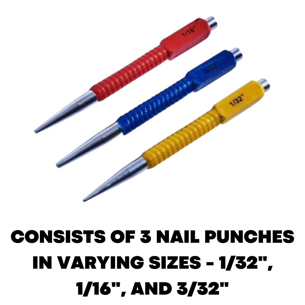 3Pcs Colour Coded Nail Punch Tool Set Carbon Steel Body Hide Pins 1/32 1/16 3/32 - ZYBUX