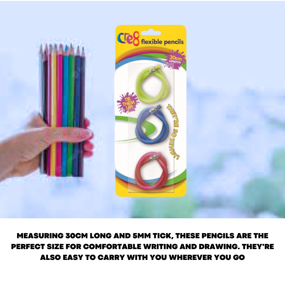 3 x Flexible Bendy Pencils Colours Erasers Soft Magic Bend Kids Children School - ZYBUX