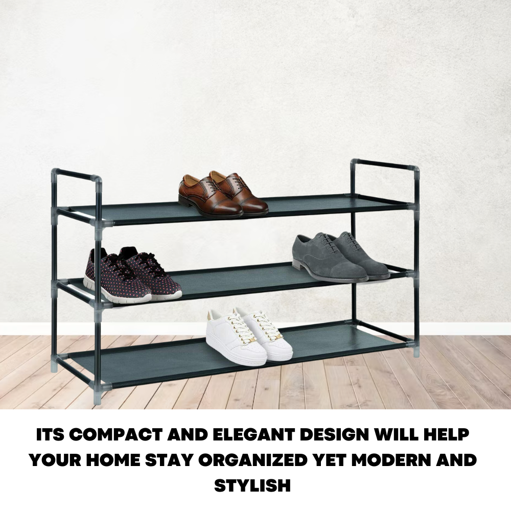 Long 3 Tier Fabric Organiser Shoe Shelf Rack Space Saving Stand Storage Compact - ZYBUX