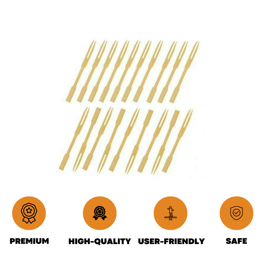 50x Bamboo Cocktail Picks Two Tined Fruit Forks 9cm