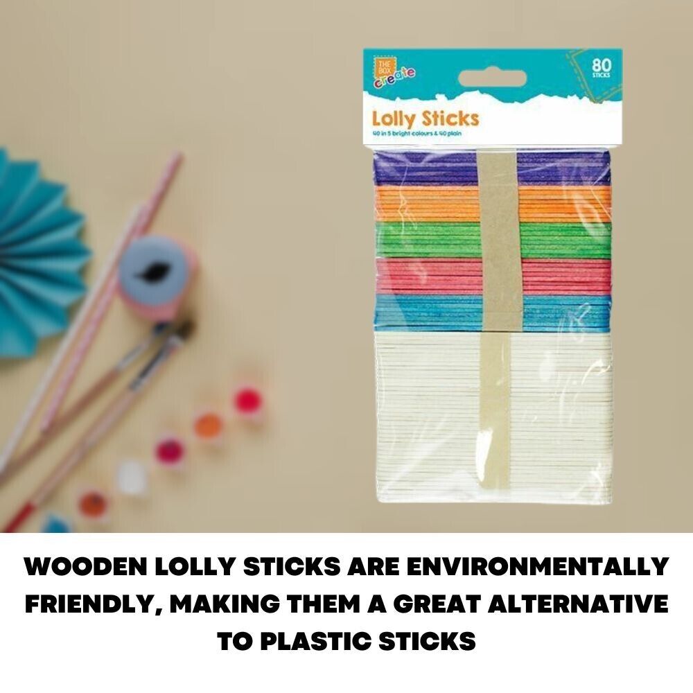 80 Pack Ice Lolly Lollipop Sticks Coloured Lollies Natural Wooden Craft 120x10mm - ZYBUX