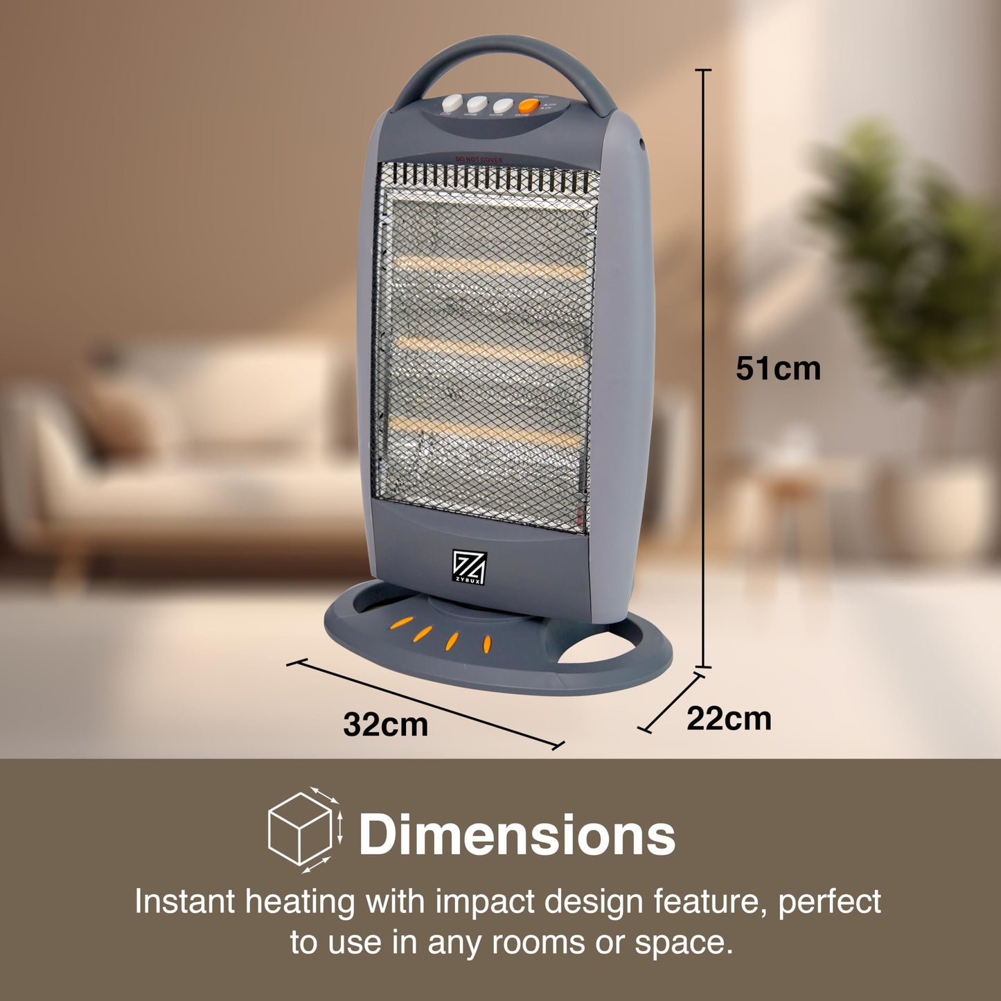 ZYBUX - 1200w Halogen Compact Quarts Electric Heater – 3 Heat Setting Energy Efficient Room Heaters for Indoor Use | Portable Electric Heater with Safety Tip Over Switch | Heaters for home