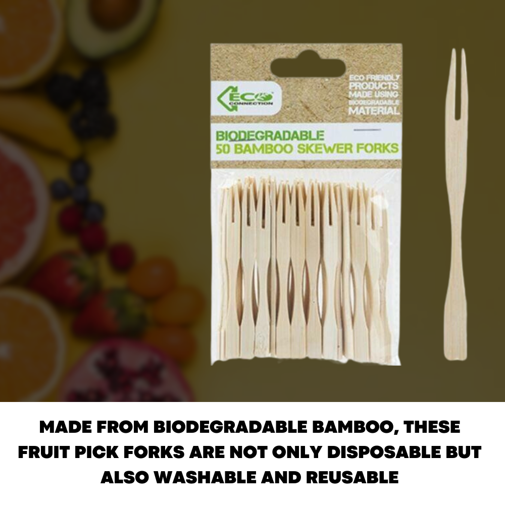 50x Bamboo Cocktail Picks Two Tined Fruit Forks 9cm