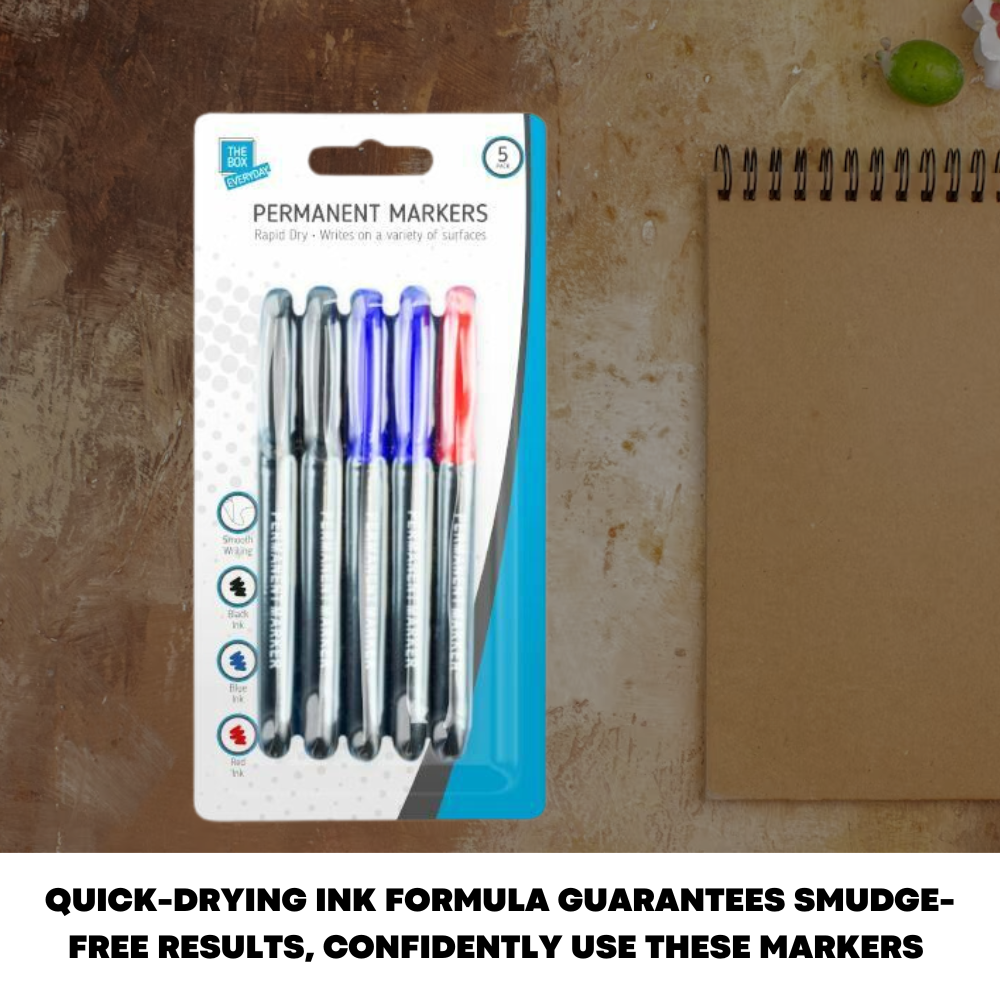 5 Pack Permanent Marker Pens Multi Assorted Colour Fast Drying New Tip Point