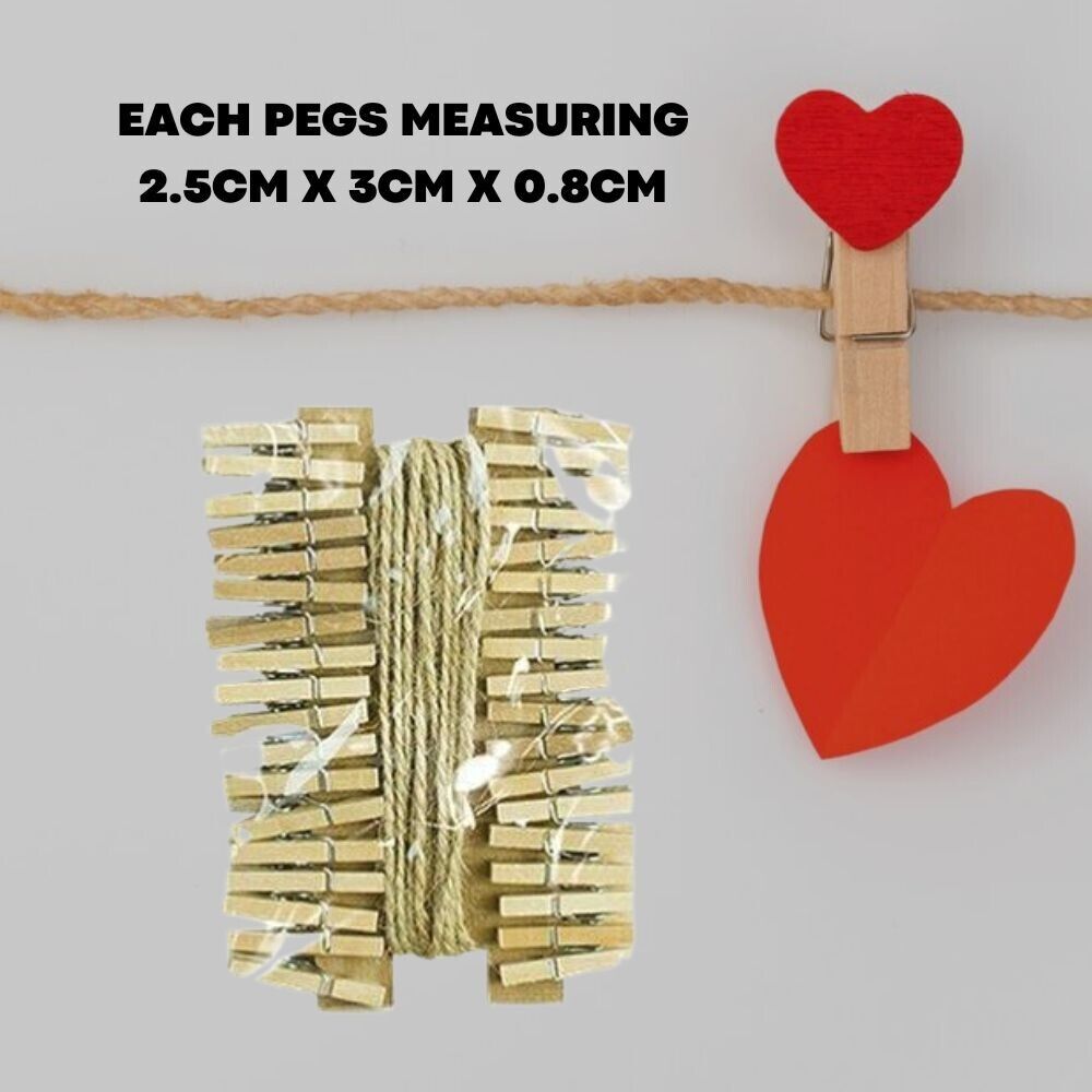 36x Mini Wooden Pegs Jute String Clips Christmas Card Hanging Wedding Photo Clip - ZYBUX