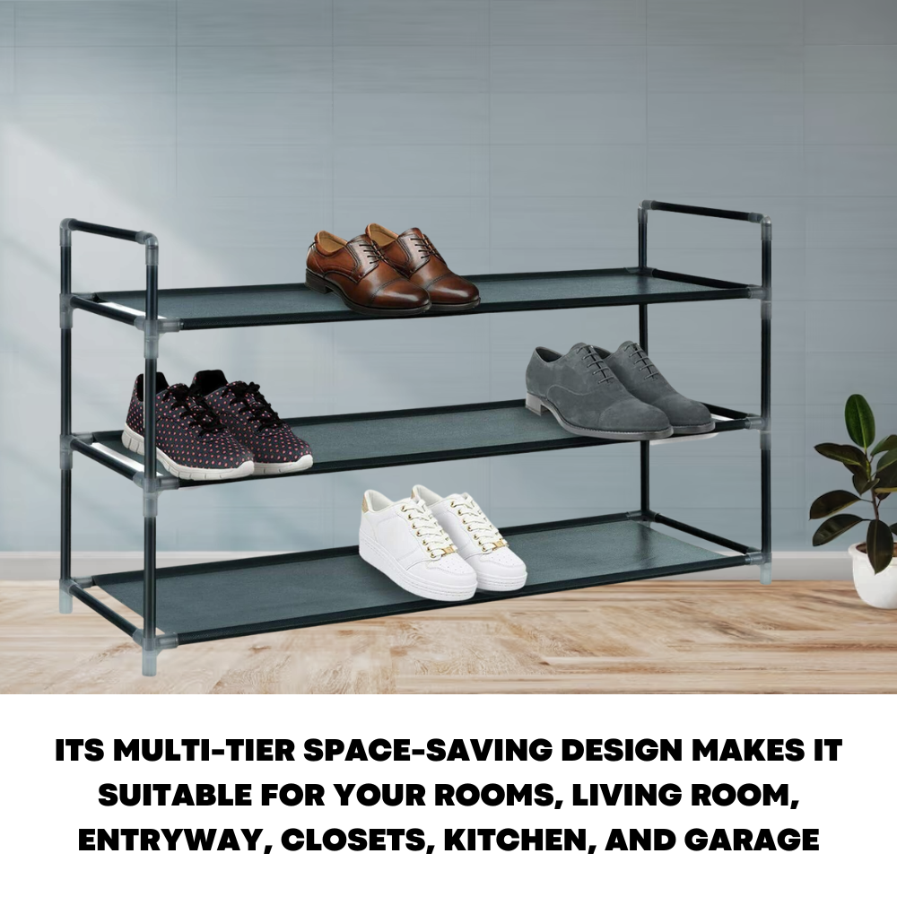 Long 3 Tier Fabric Organiser Shoe Shelf Rack Space Saving Stand Storage Compact - ZYBUX