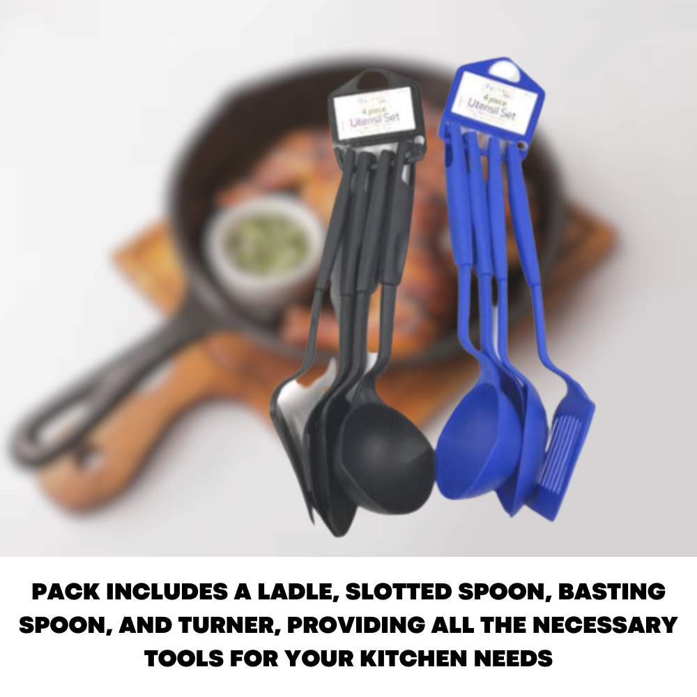 4 Pack Plastic Utensil Set For Kitchen With 28cm Ladle Turner Spoons