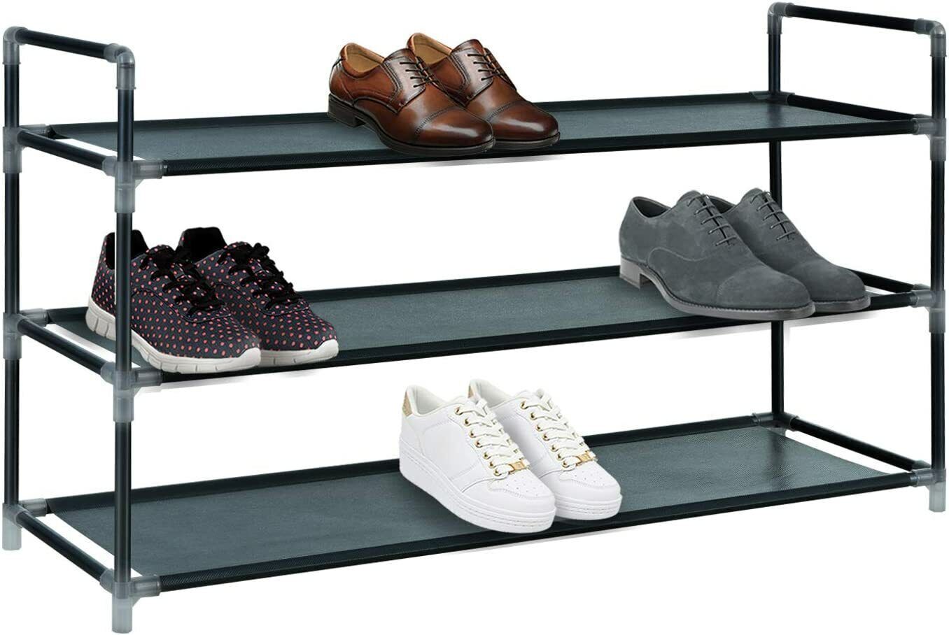 Long 3 Tier Fabric Organiser Shoe Shelf Rack Space Saving Stand Storage Compact - ZYBUX