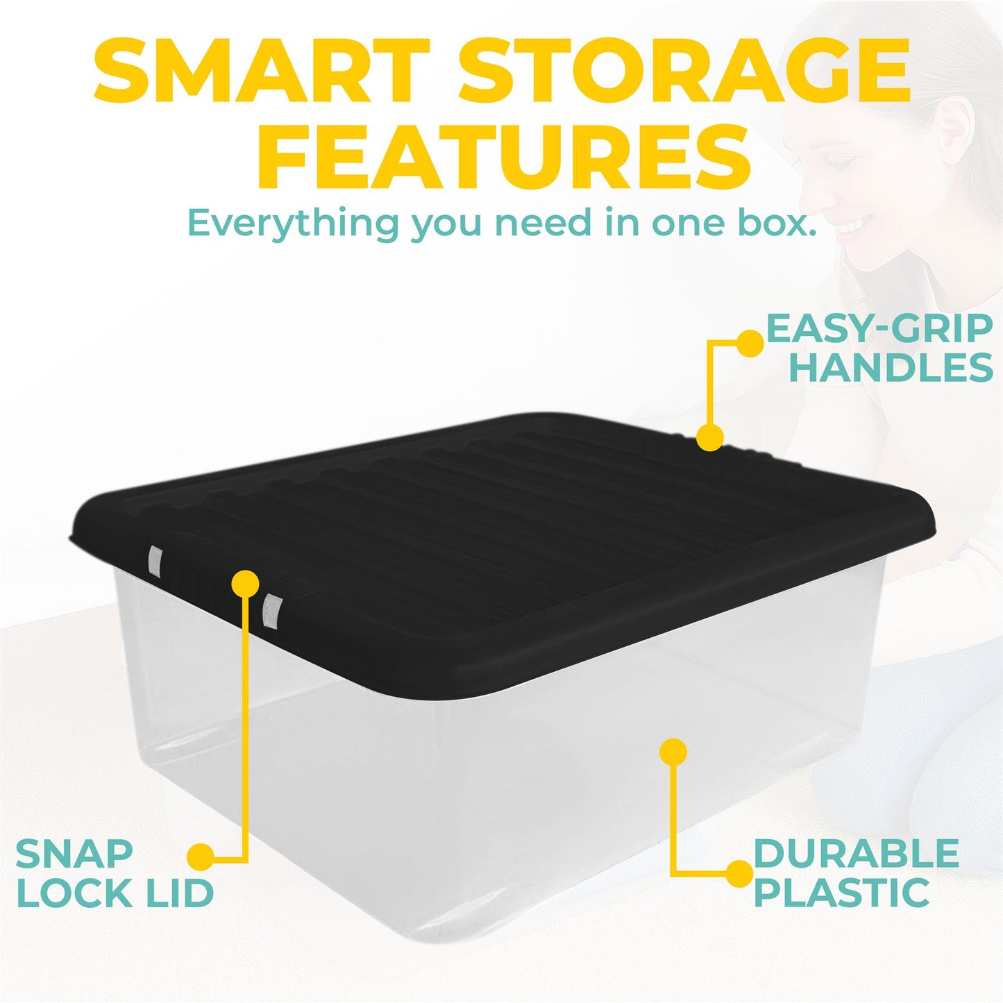 Underbed Plastic Storage Boxes with Lids – Clear & Black – 30L, 32L | Stackable Plastic Containers for Clothes, Shoes & Bedding | Space-Saving, Durable, BPA Free Storage Bins