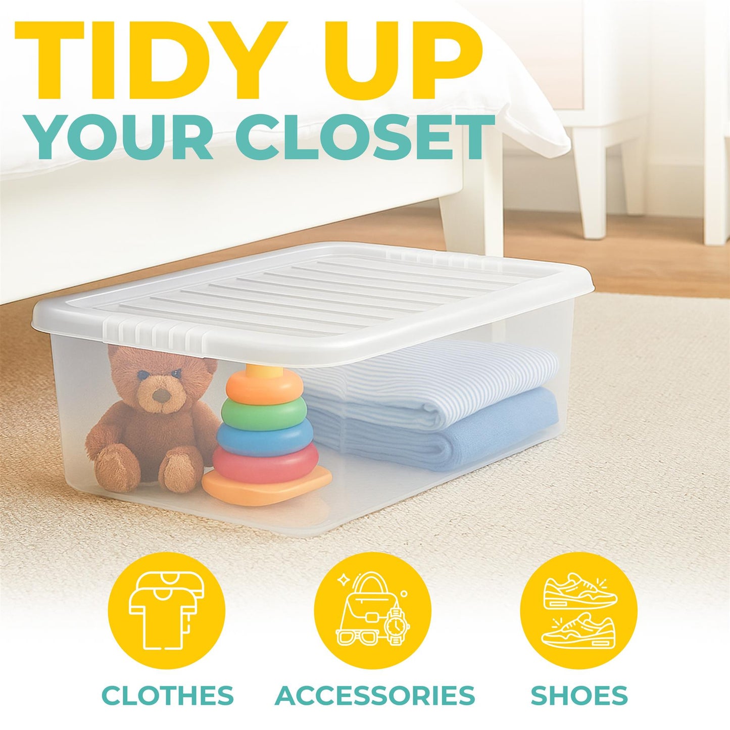 Underbed Plastic Storage Boxes with Lids – Clear & Black – 30L, 32L | Stackable Plastic Containers for Clothes, Shoes & Bedding | Space-Saving, Durable, BPA Free Storage Bins