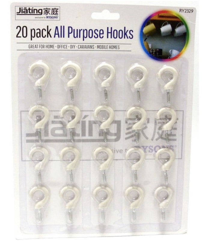 20x White Cup Hooks Screw Plastic Coated Shouldered Kitchen Mug Ceiling Peg Tool