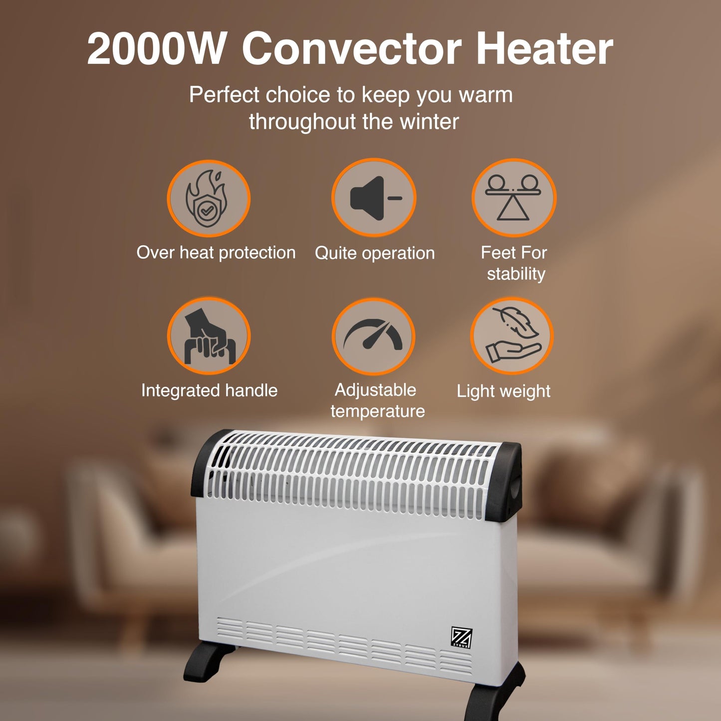ZYBUX - 2000W Convection Heater, Electric Convector Radiator Heater - 3 Heat Settings (750/1250/ 2000 W), Adjustable Thermostat & Overheat Protection - Free Standing, Ideal for Home or Office, White