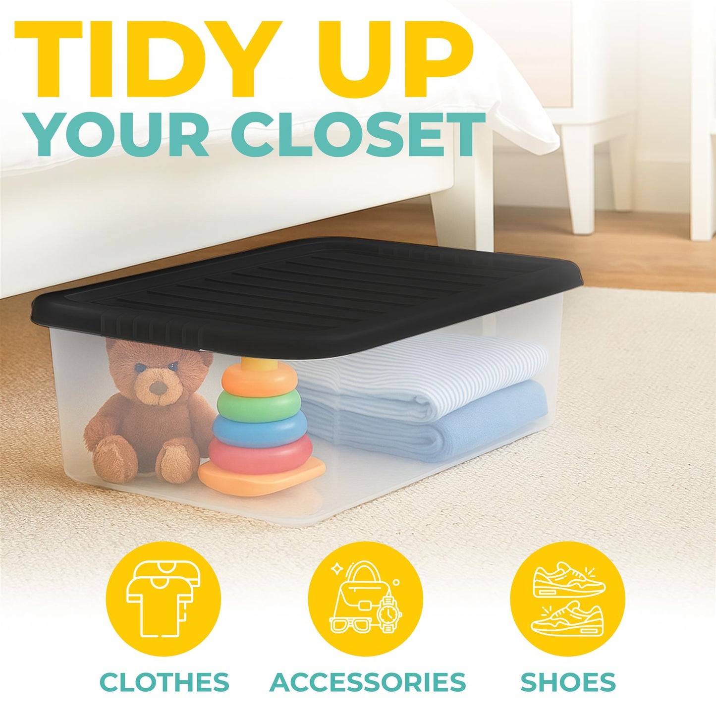 Underbed Plastic Storage Boxes with Lids – Clear & Black – 30L, 32L | Stackable Plastic Containers for Clothes, Shoes & Bedding | Space-Saving, Durable, BPA Free Storage Bins