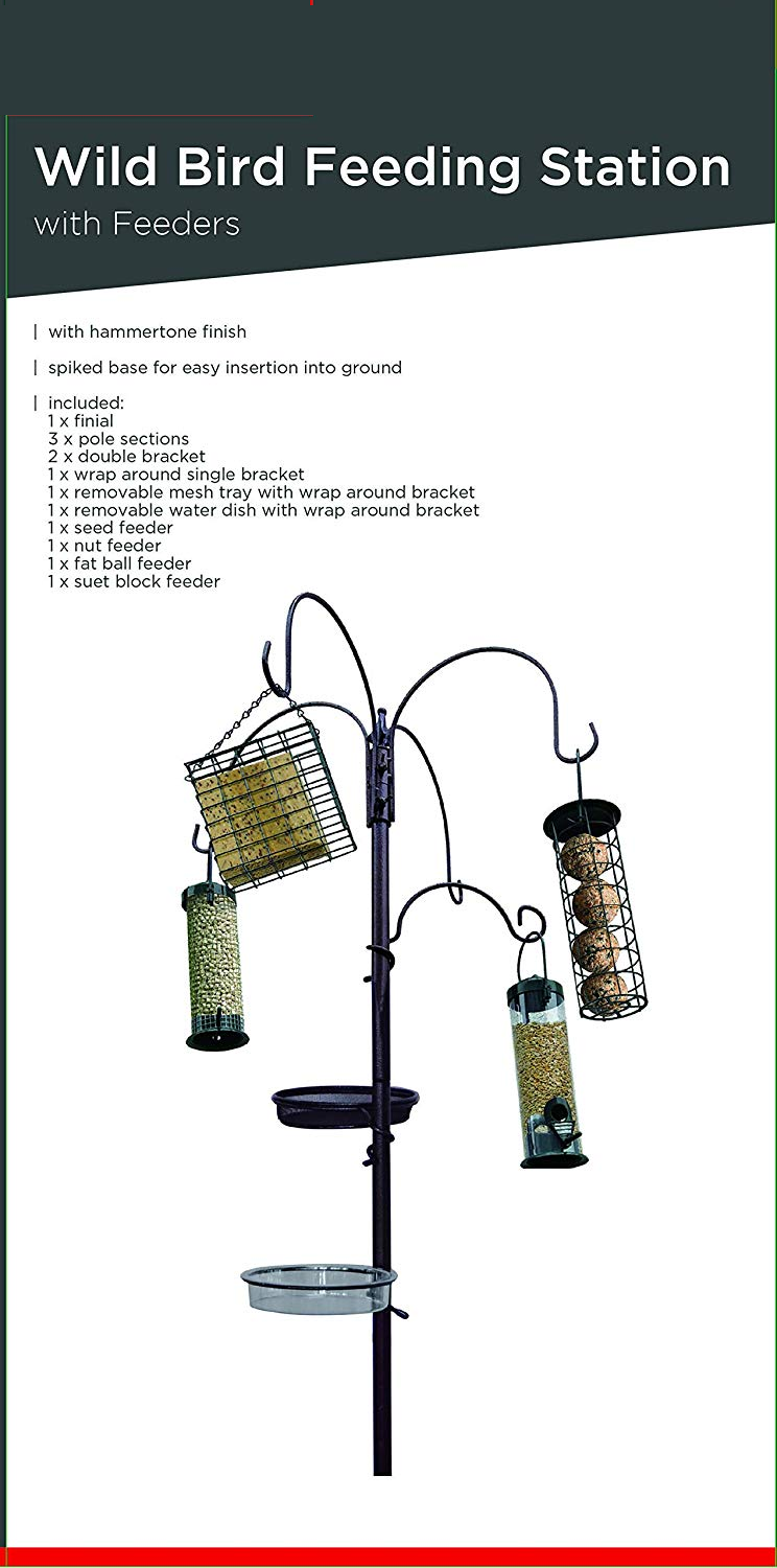 WILD BIRD FEEDING STATION WITH HANGING FEEDERS GARDEN WATER BATH TABLE SEED TRAY