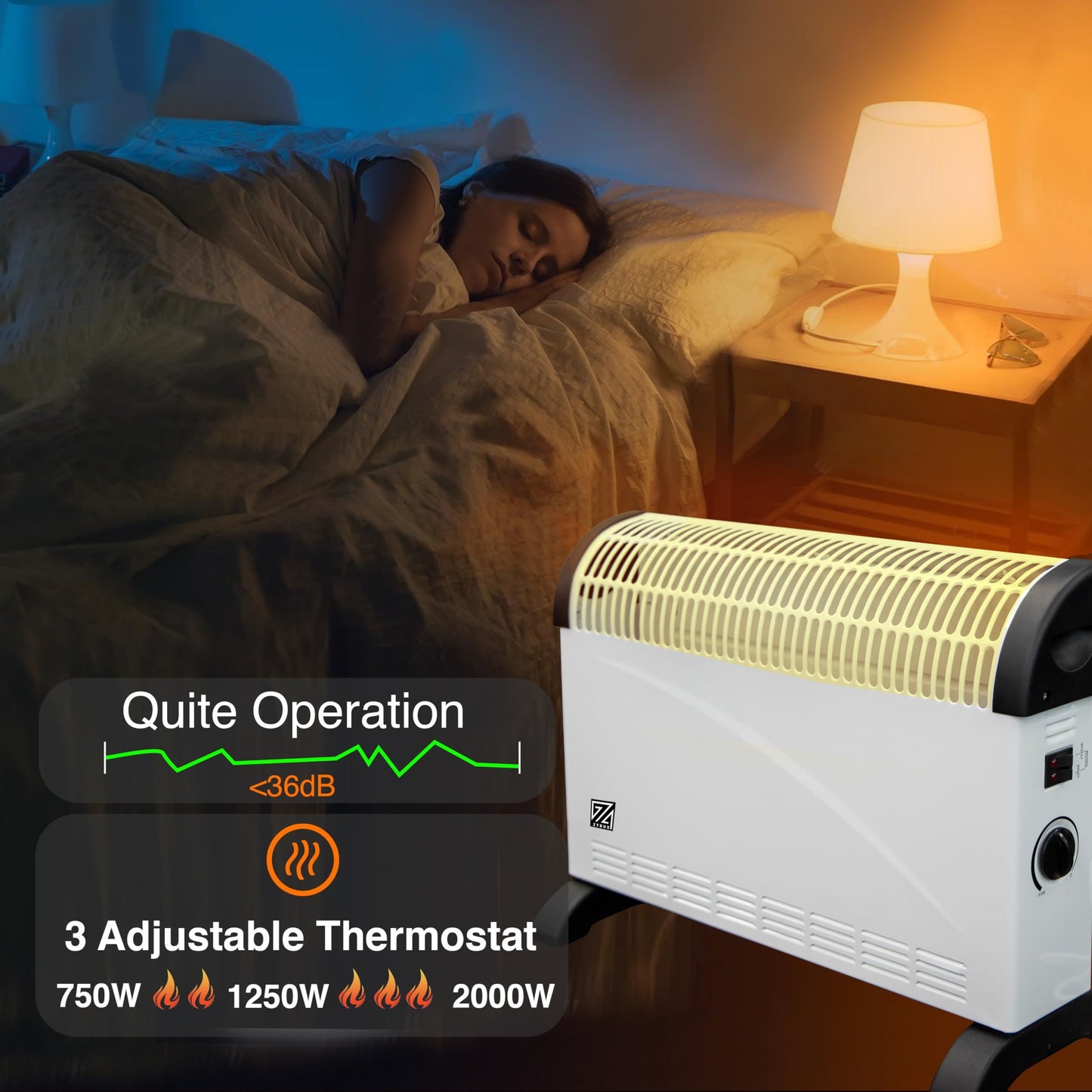 ZYBUX - 2000W Convection Heater, Electric Convector Radiator Heater - 3 Heat Settings (750/1250/ 2000 W), Adjustable Thermostat & Overheat Protection - Free Standing, Ideal for Home or Office, White