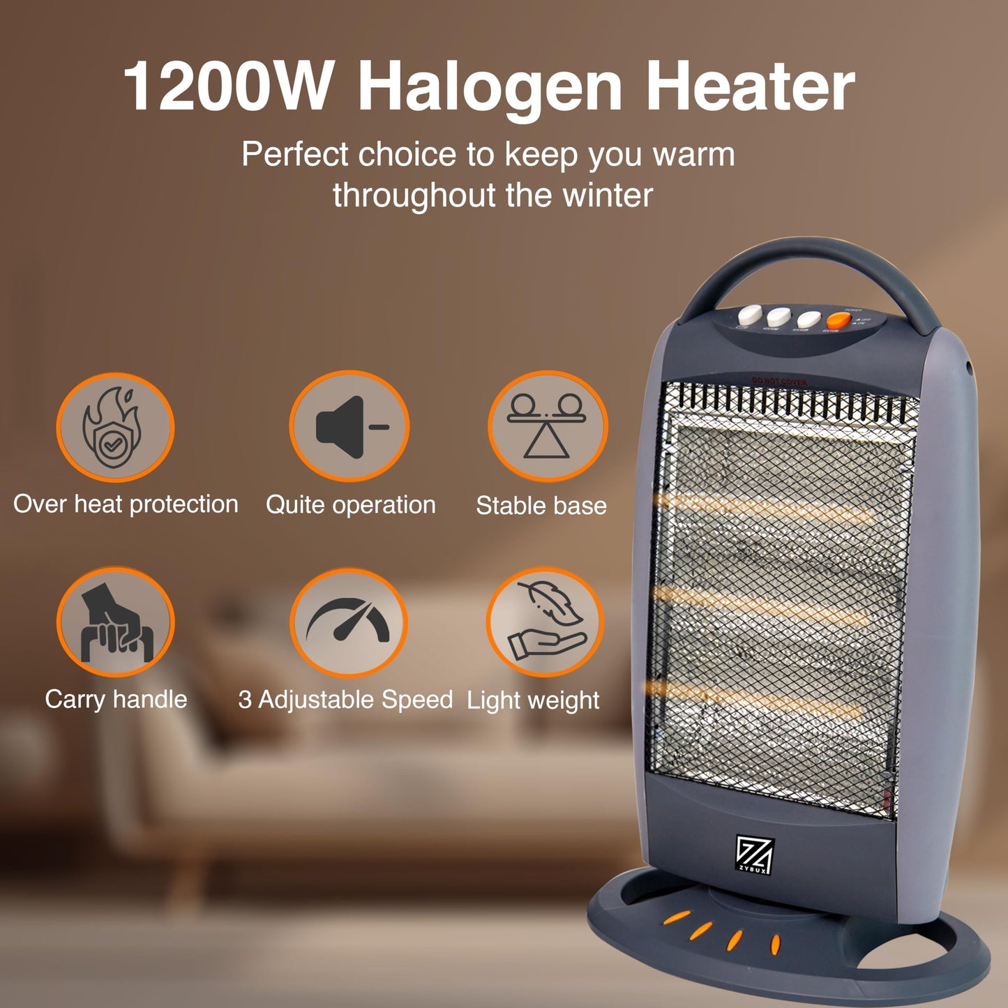 ZYBUX - 1200w Halogen Compact Quarts Heater – 3 Heat Setting Energy Efficient Room Heaters for Indoor Use | Portable Electric Heater with Safety Tip Over Switch | Heaters for home