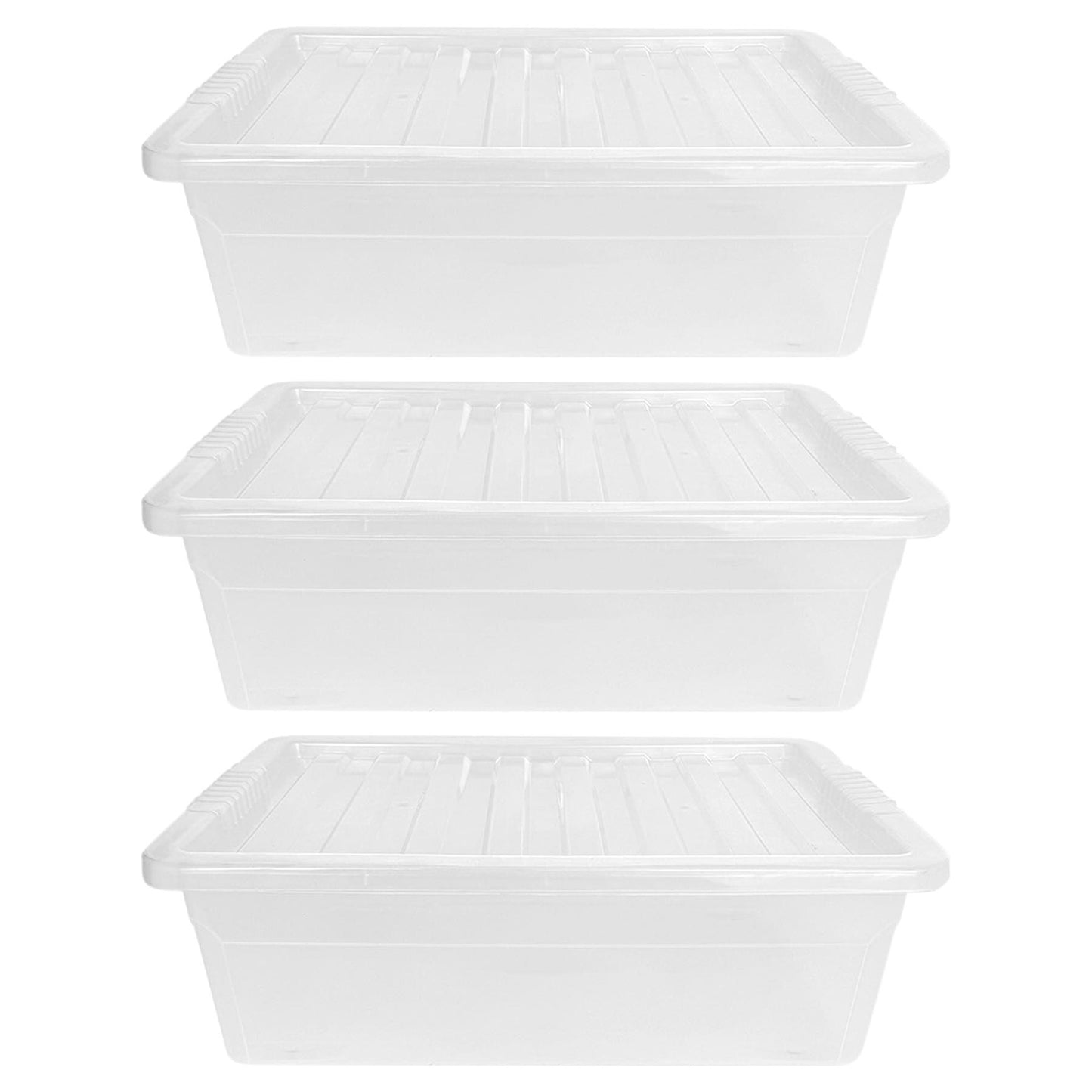 Underbed Plastic Storage Boxes with Lids – Clear & Black – 30L, 32L | Stackable Plastic Containers for Clothes, Shoes & Bedding | Space-Saving, Durable, BPA Free Storage Bins