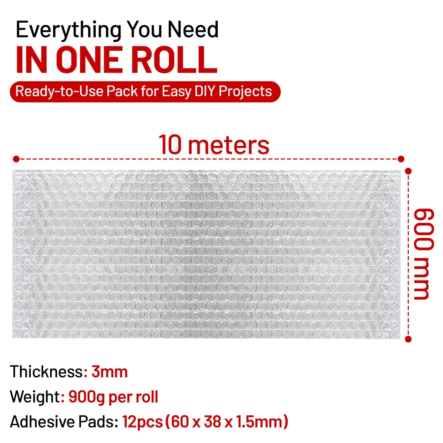 10m x 60cm Foil Insulation Roll, 3mm Thickness – 3-in-1 Reflective Radiator Panels – Heat & Vapor Barrier for Walls, Roof, Floor & Ceiling – Energy-Saving Foil with Adhesive Pads Included