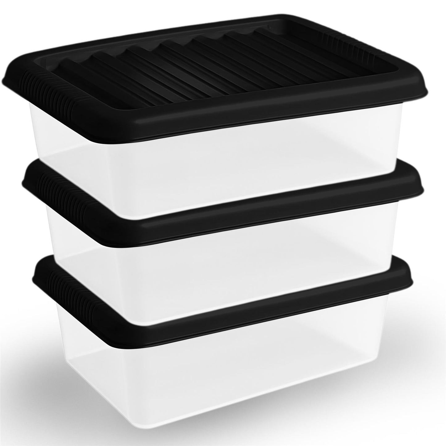 Plastic Storage Boxes with Lids – Clear Black Small Medium Large Stackable Plastic Containers | Ideal for Craft, Shoes, Toys, Office, and Kitchen Organiser | Durable, BPA Free Storage Bin (SET of 3)