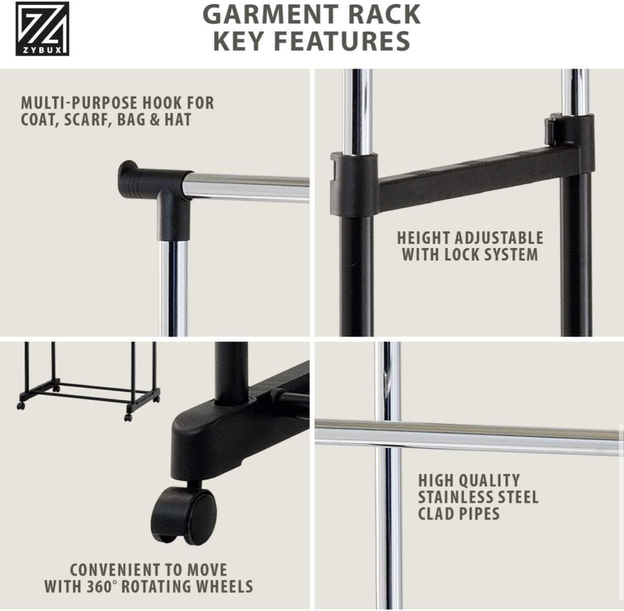 Adjustable Clothes Coat Garment Hanging Rail Rack Storage Single Stand Castors