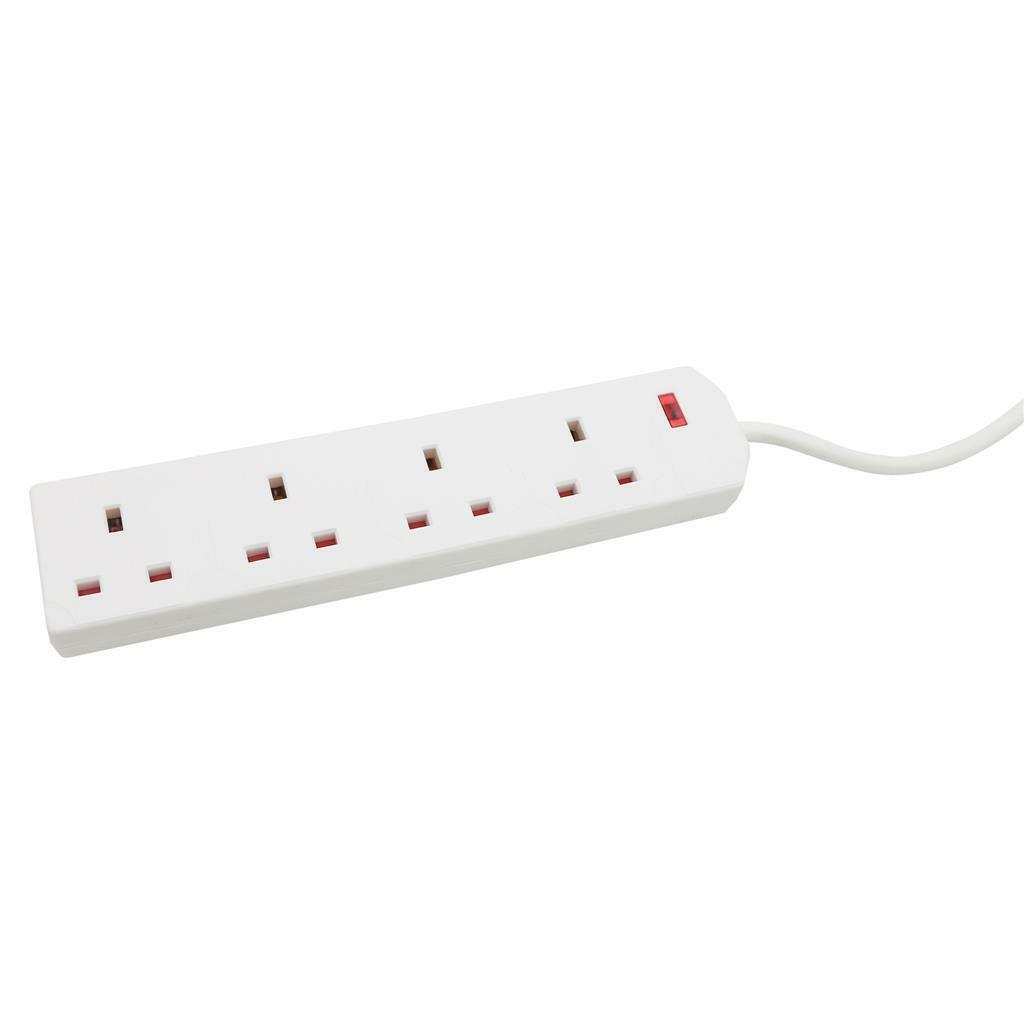 4 Way Gang Power Mains Extension Lead White 2M Metre Cable 13A with Neon
