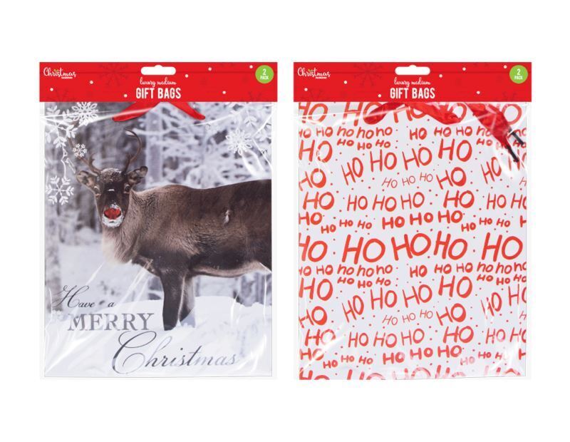 2 Luxury Medium Christmas Gift Bags - Cute & Traditional Xmas Bags